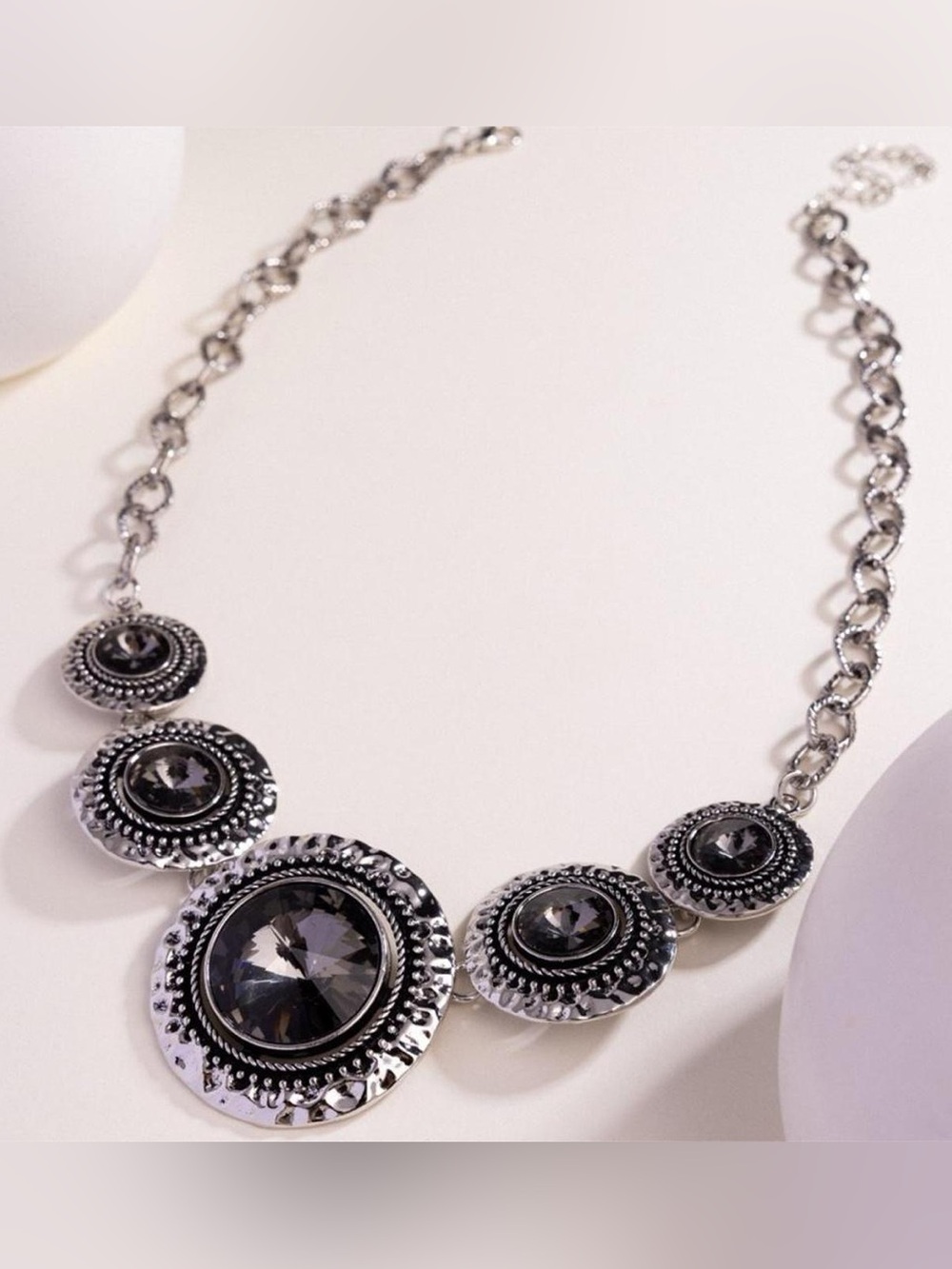 New Silver-Tone Black Crystal Statement Necklace